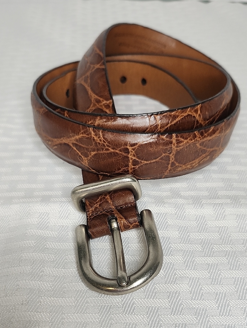 Mens Brown Embossed Leather Belt With Silver Buckle Hand Crafted USA